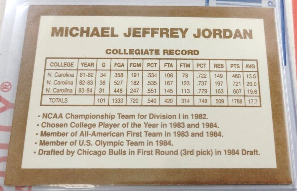 Tarjeta de baloncesto de novato Collegiate Record 1985 UNC Michael Jordan rara Foto 2 de 2