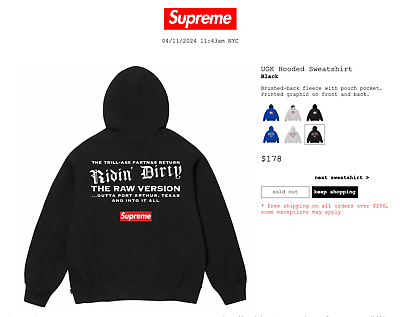 SUPREME UGK HOODED SWEATSHIRT (LARGE) (BLACK) SS24 SWEATPANT SUPREME UGK HOODED SWEATSHIRT (LARGE) (BLACK) SS24 SWEATPANT
