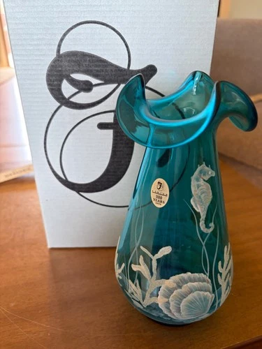 Fenton TURQUOISE SEA LIFE  NAUTICAL VASE. 100th Anniversary Signed 5952 XS