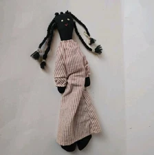 Handmade Folk Art Black Cloth Rag Doll Primitive Style Braided Yarn Hair Vintage