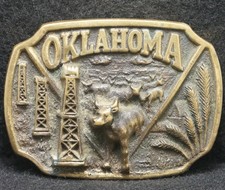 XB05104 VINTAGE 1980  OKLAHOMA  STATE COMMEMORATIVE SOLID BRASS BELT BUCKLE