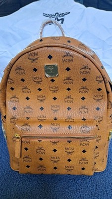 MCM Visetos Brown Cognac Monogram Gold Studded Leather Backpack