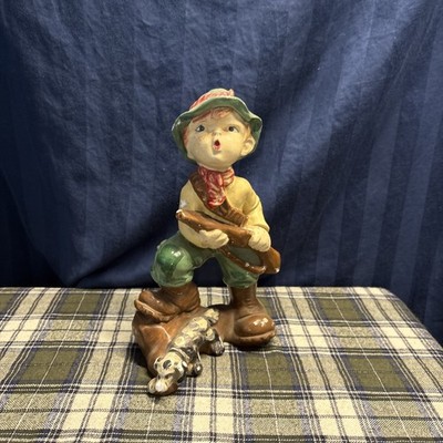 Italian Art Deco Polychrome Decorated Plaster Statue A Boy and His Dog   CR