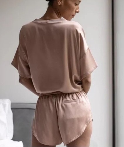 Lunya Good In Bed Women's Size L Pajama Shorts 100% Washable Silk Nude Tan