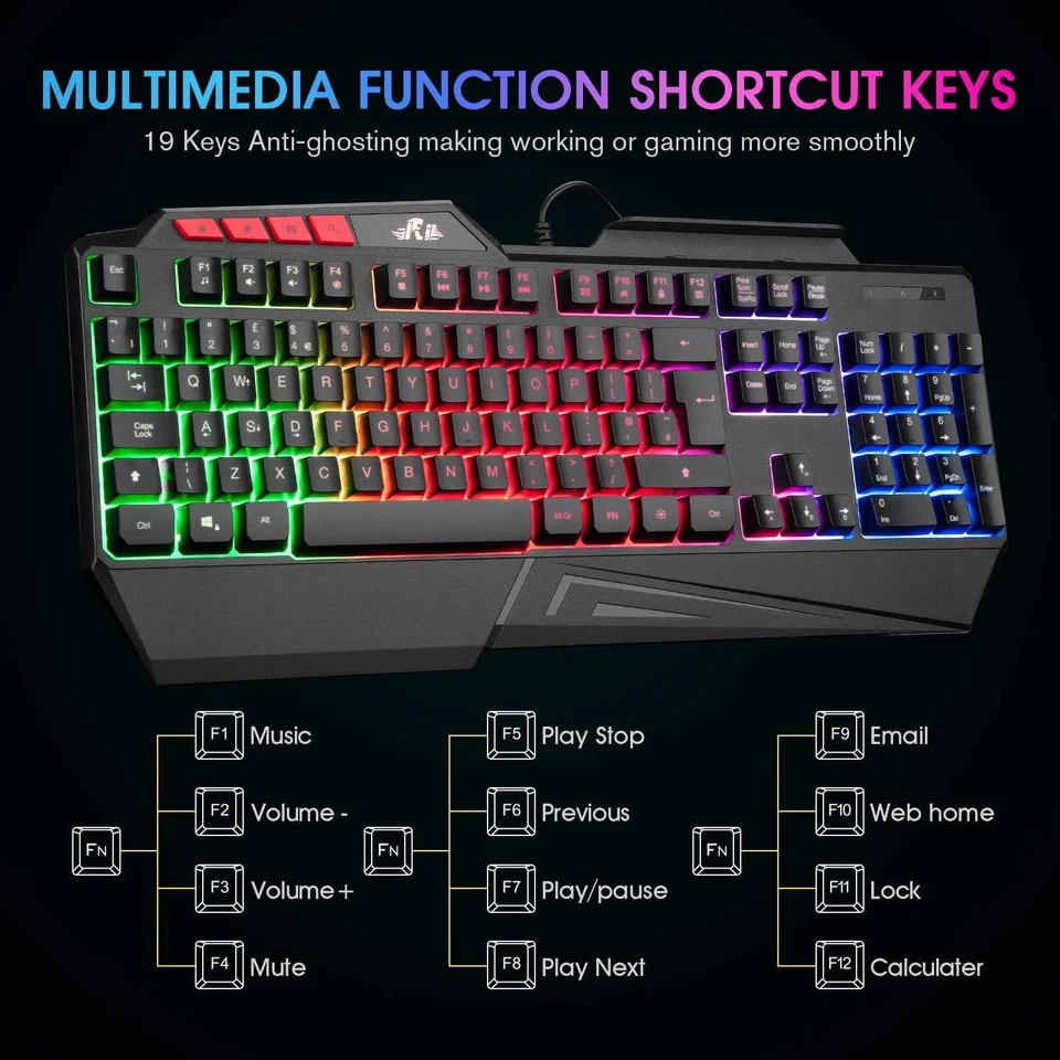 Rii RK202 Gaming Keyboard, LED Rainbow Backlit Light Up Keyboard, UK QWERTY - Image 4 of 4
