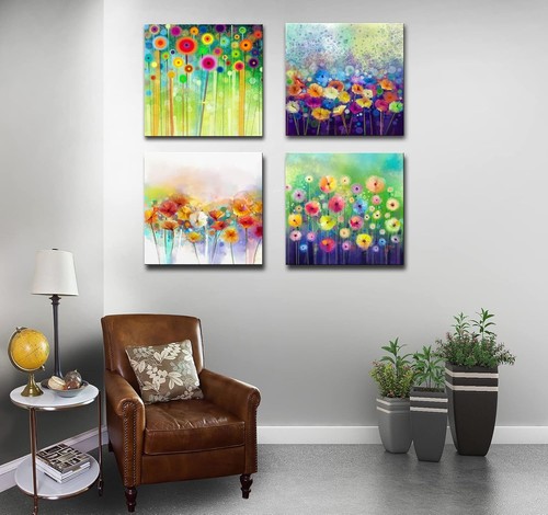 Flowers Bathroom Decor Canvas Wall 12"x12" x 4 Pcs, Abstract Floral - Picture 8 of 9