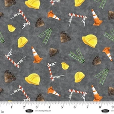 Let's Get Building Construction Hat, Traffic Cones, Ladders Cotton Fabric
