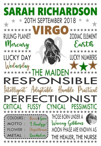 PERSONALISED VIRGO Star Sign Zodiac Birthday Horoscope A4 Print - Picture 11 of 18