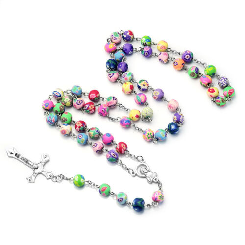 Collar de cuentas de rosario de perlas cruz cristiana cuentas de rosario católico multicolor - Imagen 1 de 8