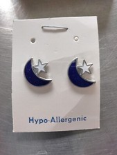Vintage Moon Star Earrings Blue Silver White 3pc.Lot