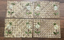 Boho Set of 4 Handmade Woven Rattan Grass Placemats With Flowers