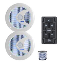Pyle Marine Bluetooth Controller, 2x 6.5'' 150W LED Speakers White w/Wire