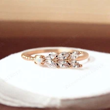 14k Rose Gold 2 mm Round Shape Natural Fire Opal Band Cz Diamond Stacking Band