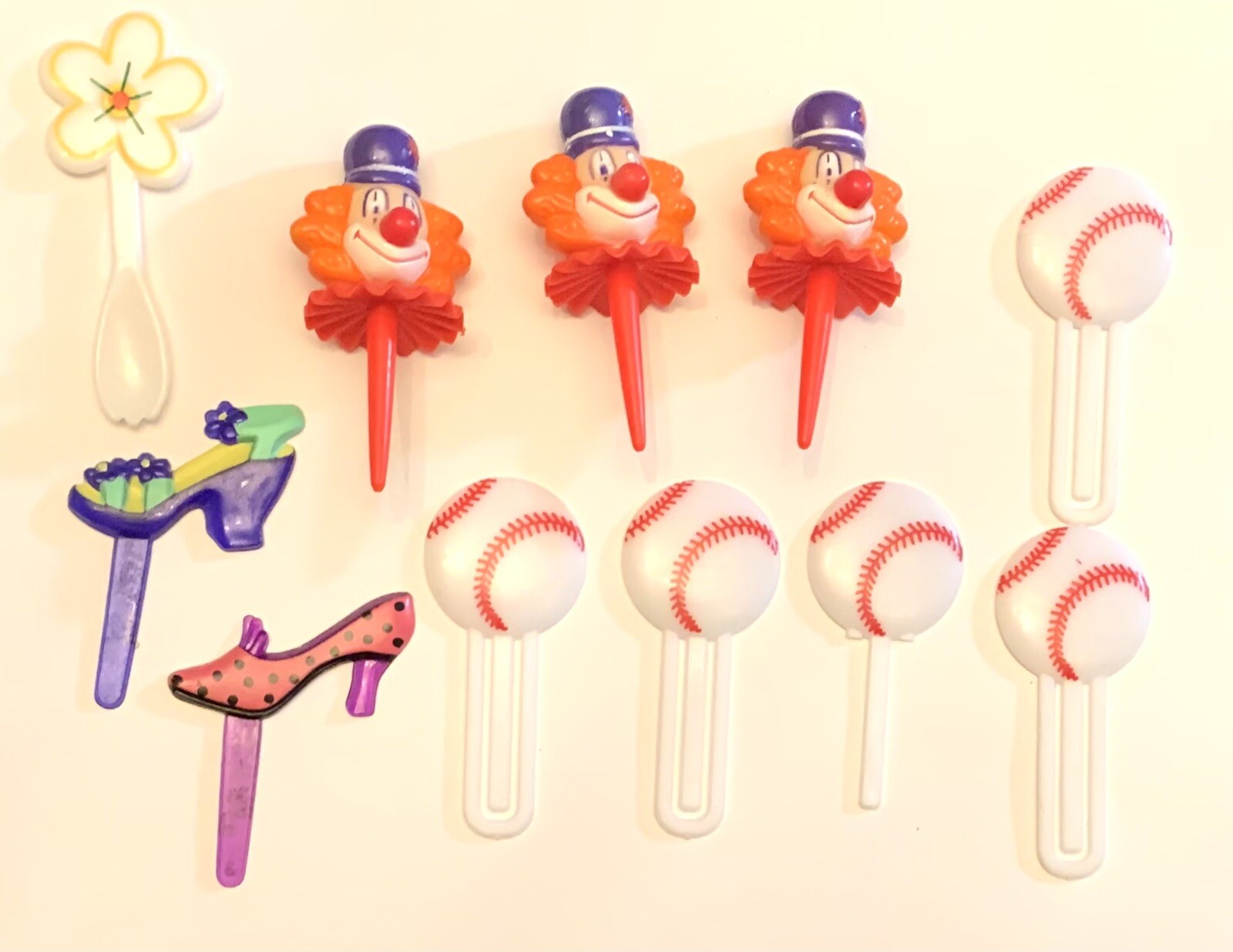 Vintage Circus Clown Cupcake Toppers Lot of 11 Party Decor with Baseballs & Shoes-image