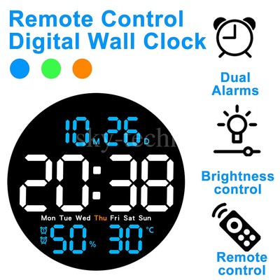 10'' LED Digital Wall Clock Indoor Temperature Date Alarm Clock with Remote Large
