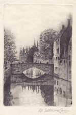 Framed Pencil Signed Etching - A City Scene with River - by WALTER EDWIN LAW