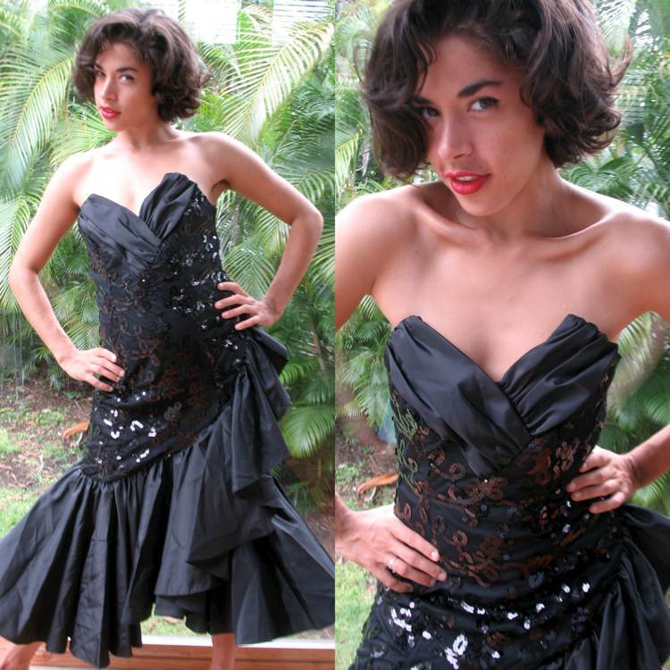 Vtg 80s Dress Black Mermaid Ruffle Origami Beaded Sequin Pouf Sexy Formal  Gown M