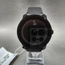 Movado Bold Watch Men 42mm Black Dial Black Tone Round 3600306 Leather Band CHIP
