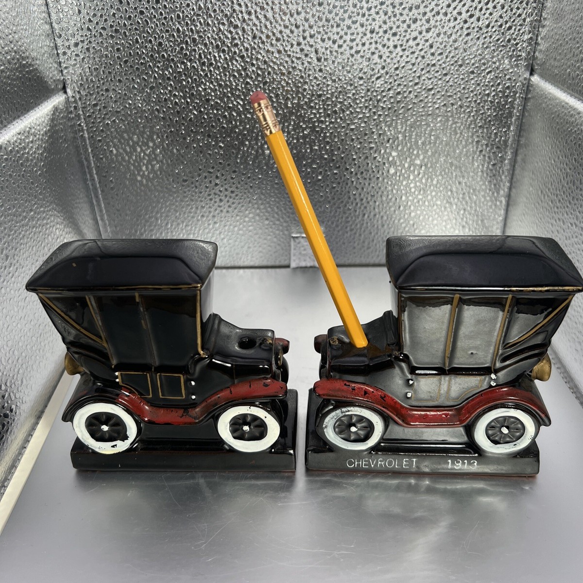 Pair Vintage Chevrolet Black Cars 1913 Look Bookends Ceramic 