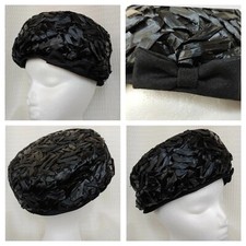 Vintage Black Woven Straw Pillbox Hat with Bow Detail Unionmade