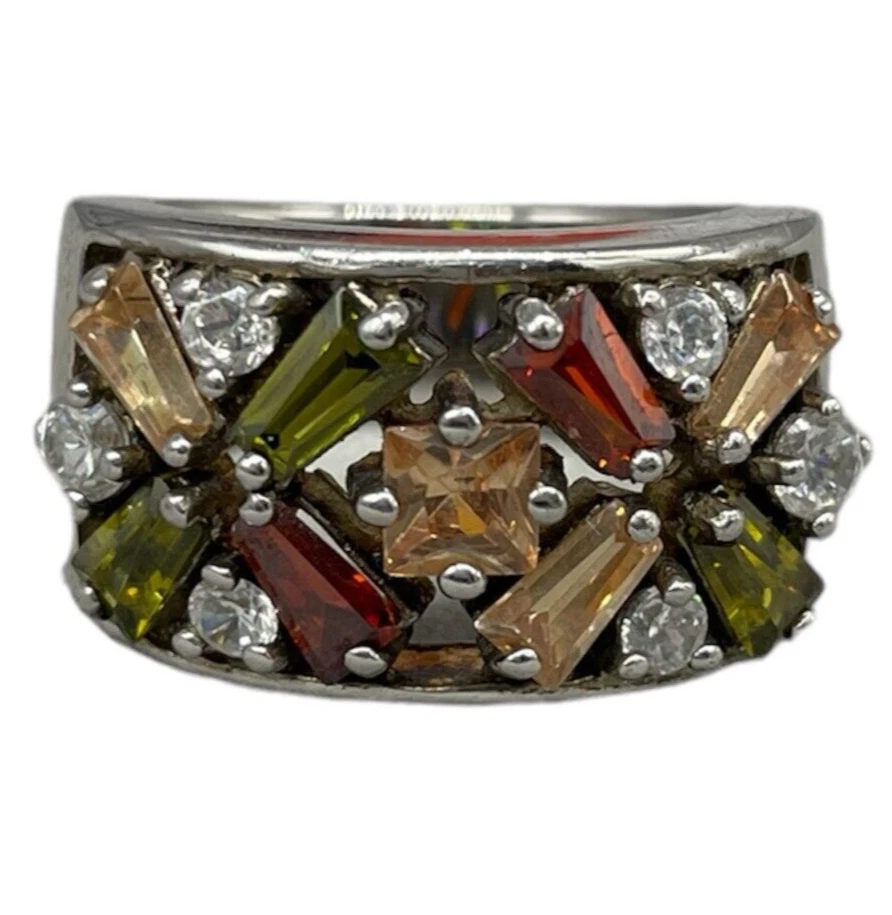 Anello femminile Argento 925 Fascia pietre luminose multicolor quadrate rotonde. - Immagine 2 di 4