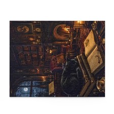 Cozy Gothic Study Puzzle  Mystical Cat Library Night Scene 120 pieces