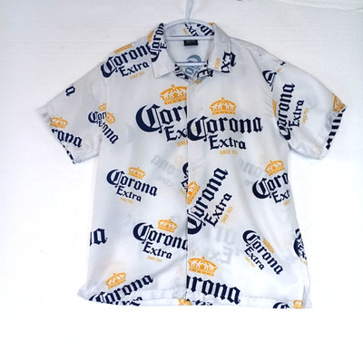 Corona Button Up Shirt Men Medium White Navy Yellow Short Sleeves All Over Print