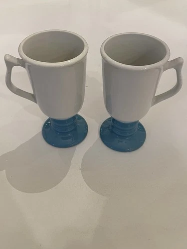 Vintage Hall Footed Pedestal Irish Coffee Mug #1273 USA Blue & White Set of 2