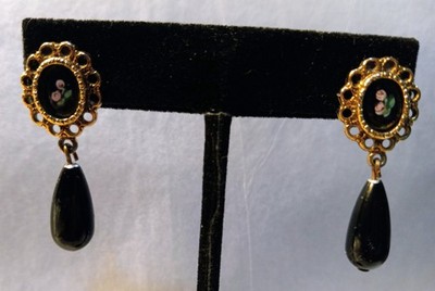 Elegant Black Stone Dangling Earrings w Two Roses - Pierced. 1.25''   #R