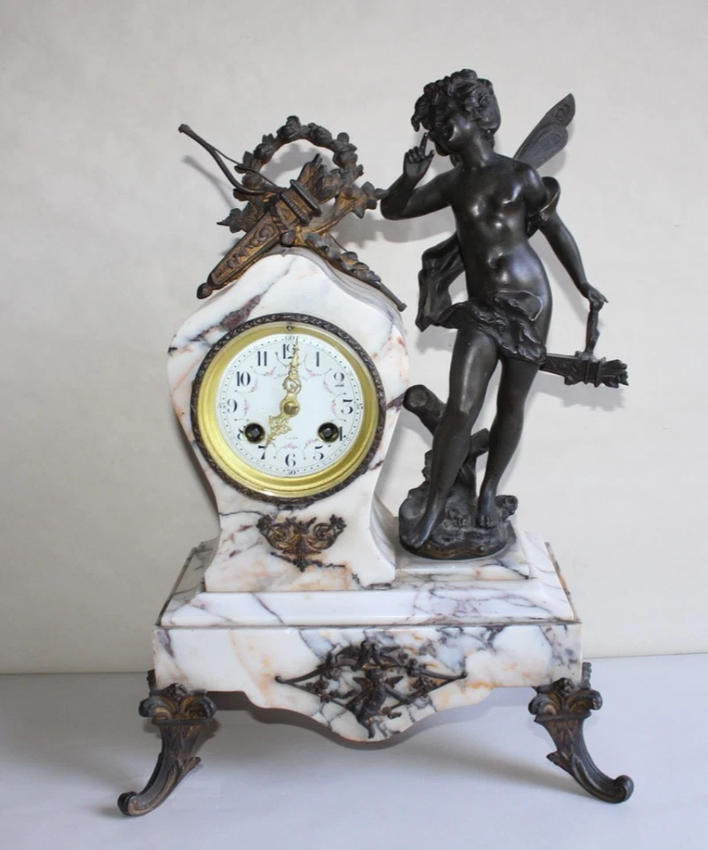 Ancienne pendule régule marbre, cassolettes, Auguste MOREAU "badinage", Mougin - Photo 2/4