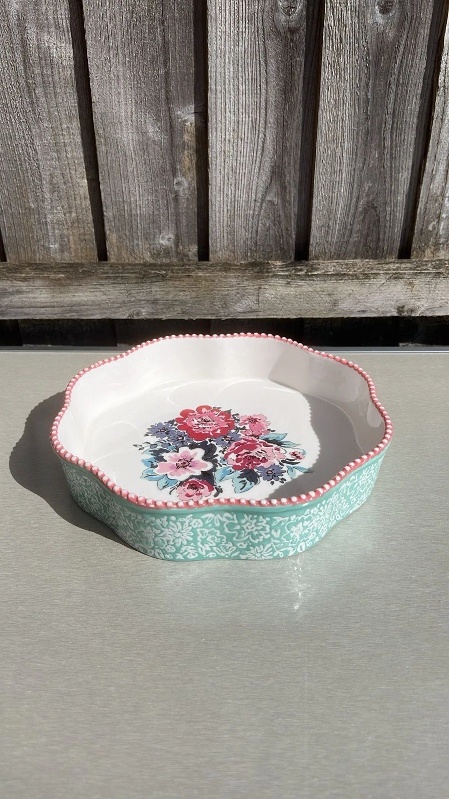 Ashley Thomas At Home Ceramic Scalloped Flan Dish Turquoise Pink Floral #862