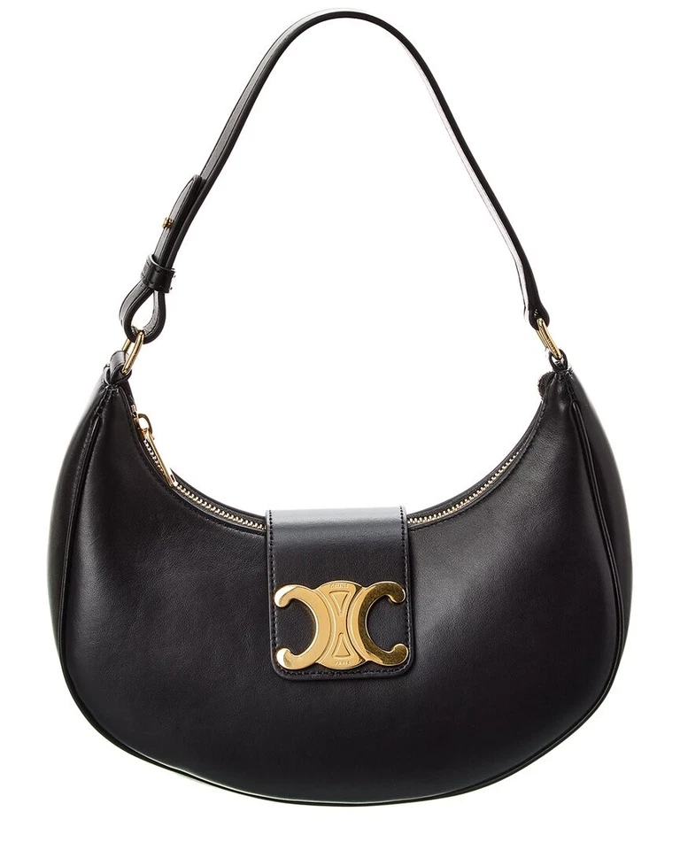 Celine Ava Triomphe Medium Leather Shoulder Bag Women's Black