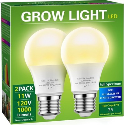 Efficient Full Spectrum A19 Grow Light Bulbs 1000 Lumens - Easy E26 Fit, 2-Pack