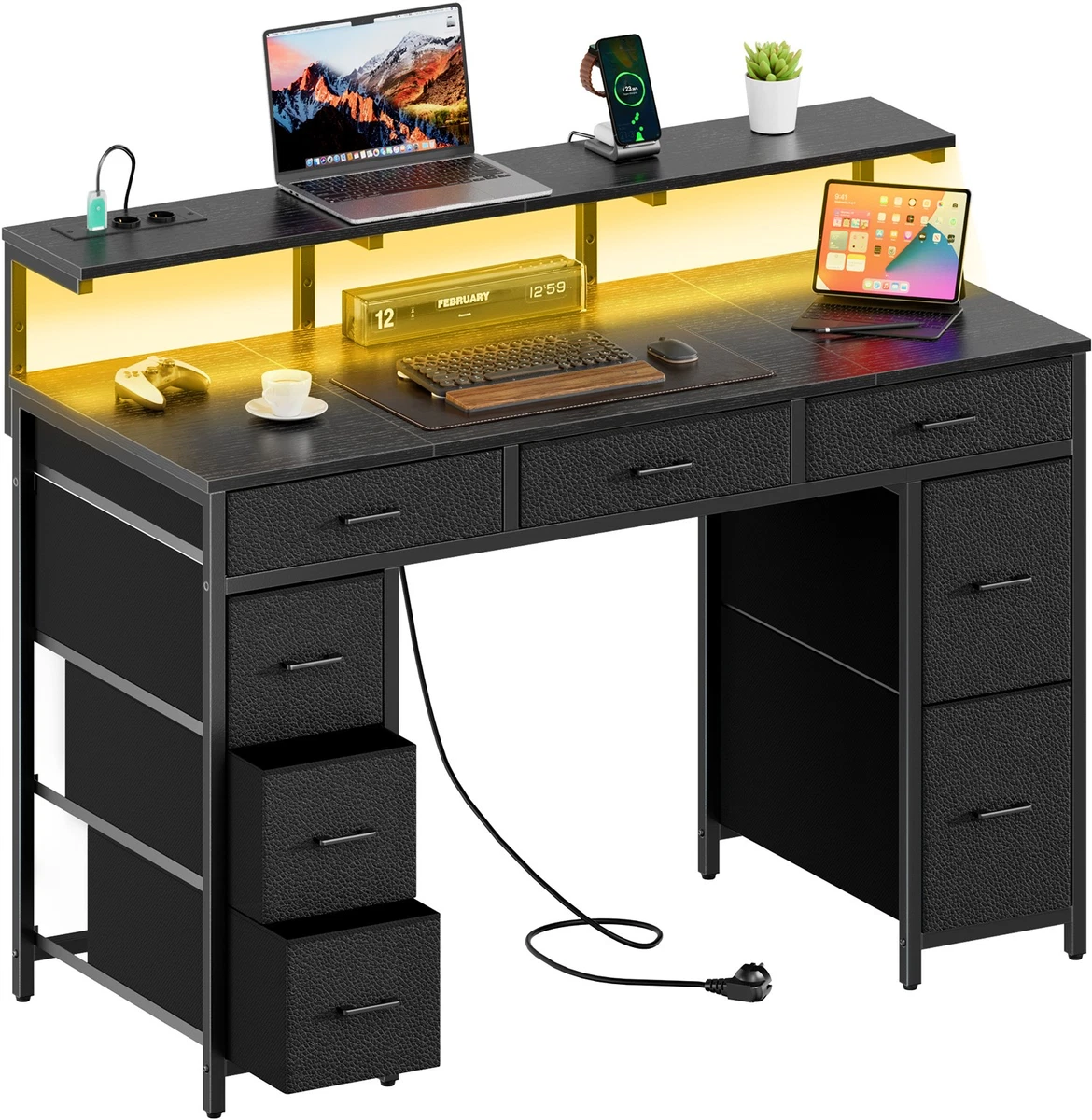 Schreibtisch Aus Holz 97x45x90 Cm – Gaming- & Homeoffice-Tisch Mit LED-Beleuchtung, Stauraum Und Wandmontage-Option