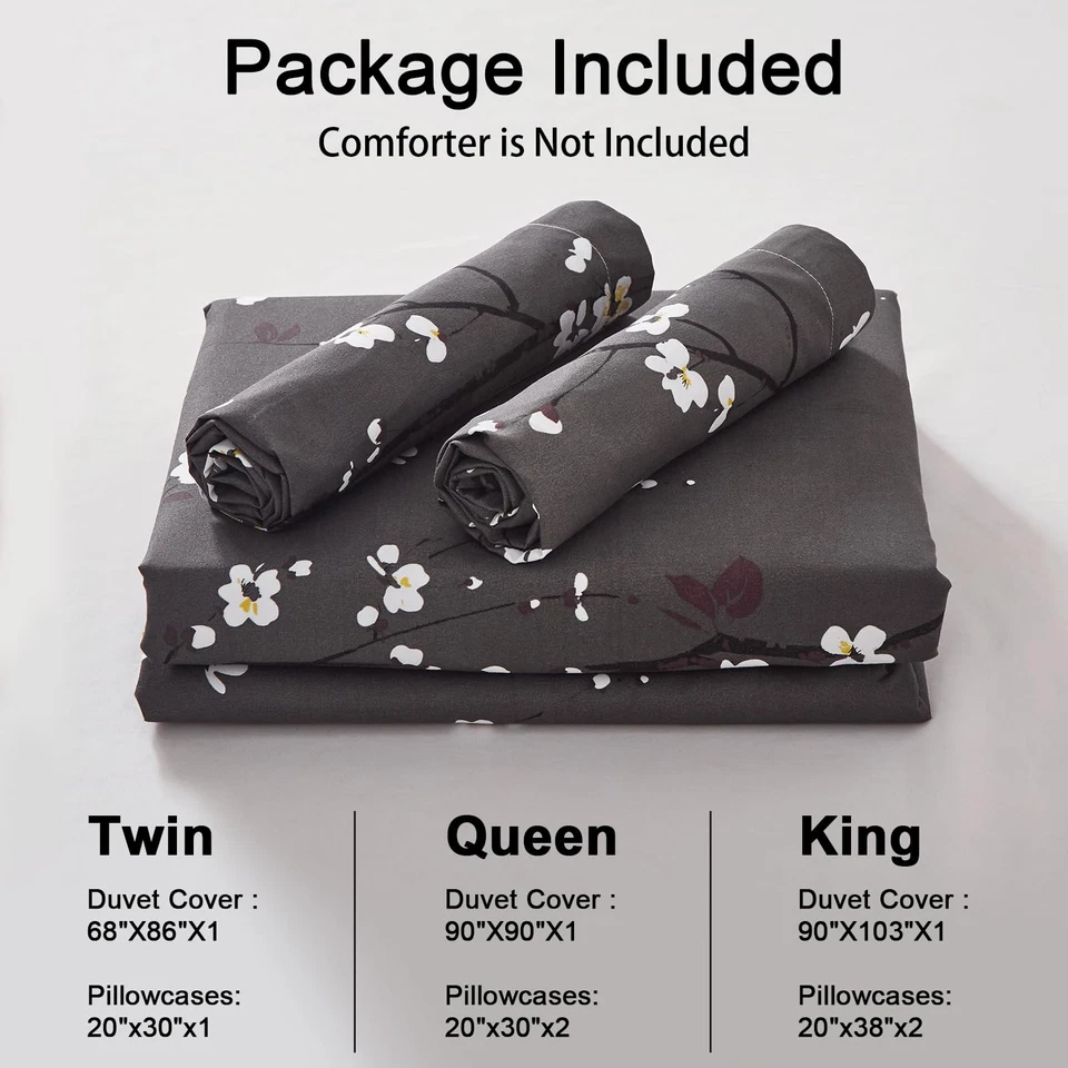 Juego de Funda Nórdica Floral Queen, Gris Oscuro 3 Piezas Flor Ciruela Estampado... Foto 3 de 4