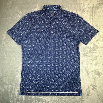 Johnnie-O Polo Shirt Mens Medium Blue Floral Leaf Print Performance UPF 50 Short