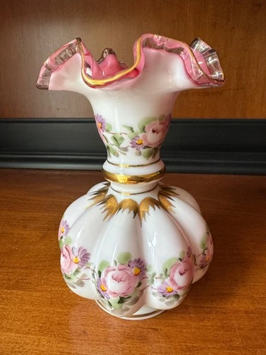Fenton Ruffled Gold Crest Hand Painted Charleton Rose Melon Vase 6.25"