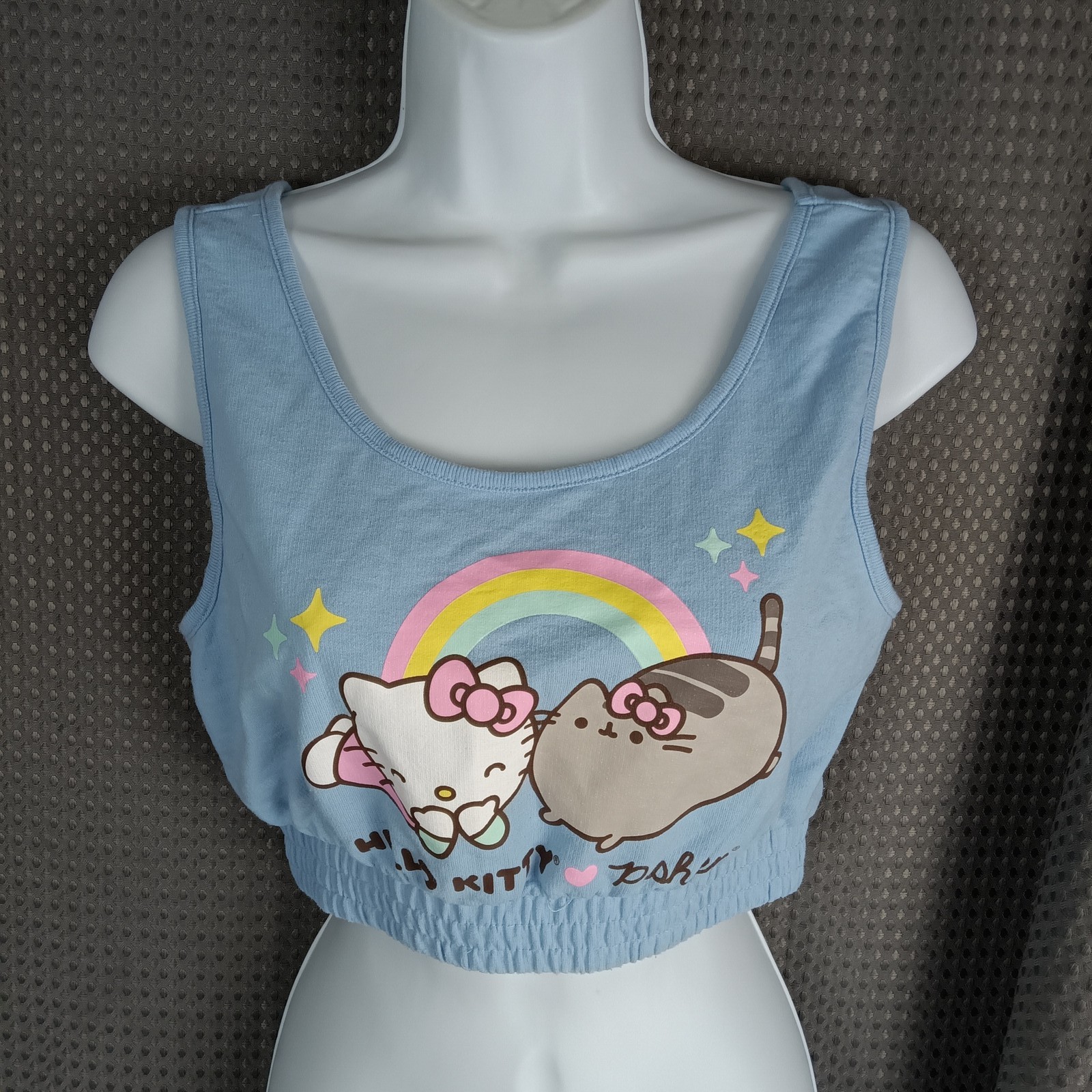 Hello Kitty x Pusheen Graphic Crop Tank Top Women's Size S Blue Sleeveless