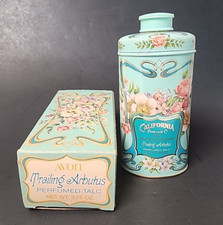 Avon Trailing Arbutus Perfumed Talc Powder Tin & Box 1977 Vanity Decor NEW