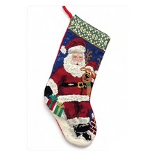 Needlepoint Christmas Stocking Santa and Deer 21 Velvet Backed