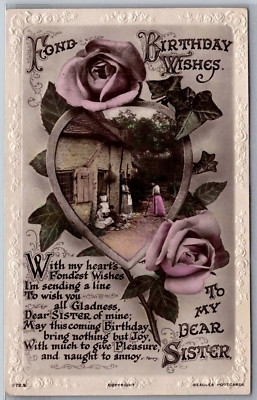 Fond Birthday Wishes To My Dear Sister Embossed Edge RPPC Postcard