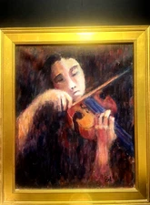 QUALITY VINTAGE ART GIRL PLAYING VIOLIN IMPRESSIONISM SURREALISM SGND FRMD