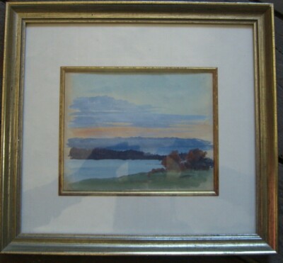 Watercolor Evening Landscape on the Lower Danube Antique Frame Sunset