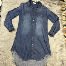 Cloth & Stone Tencel Blue Fringe Button Up Shirt Dress XS