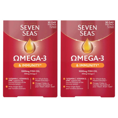 Seven Seas Omega3 & Immunität | Vit C D Fischöl & Kurkuma | Packung 2x30 Duo Kapseln