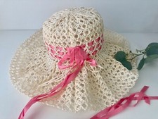 VTG Floppy Hat Ladies Bridesmaid Woven Off White Straw Pink Satin Ribbons Boho