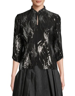 Alex Evenings Sequin Twinset Women's XL Black Open Front Allover Sequin Detail