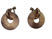 Vtg Gold Tone Round Circle Disc Modernist Dangle Screwback Earrings 1" Atomic