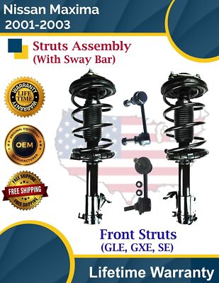 New OE Front Struts W/Sway Bar For 2001-2003 Nissan Maxima 3.0L 3.5L Lifetime W.