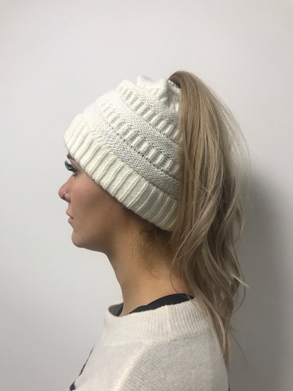 Cream Ladies Pony Tail Beanie Hat pony tail hat hat with pony tail hole